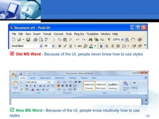  Old MS Word - Because of the UI, people never knew how to use styles




 New MS Word - Because of the UI, people know intuitively how to use
styles                                                                   49
 