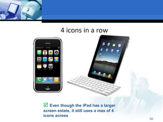  Even though the iPad has a larger
screen estate, it still uses a max of 4
icons across
                                          56
 