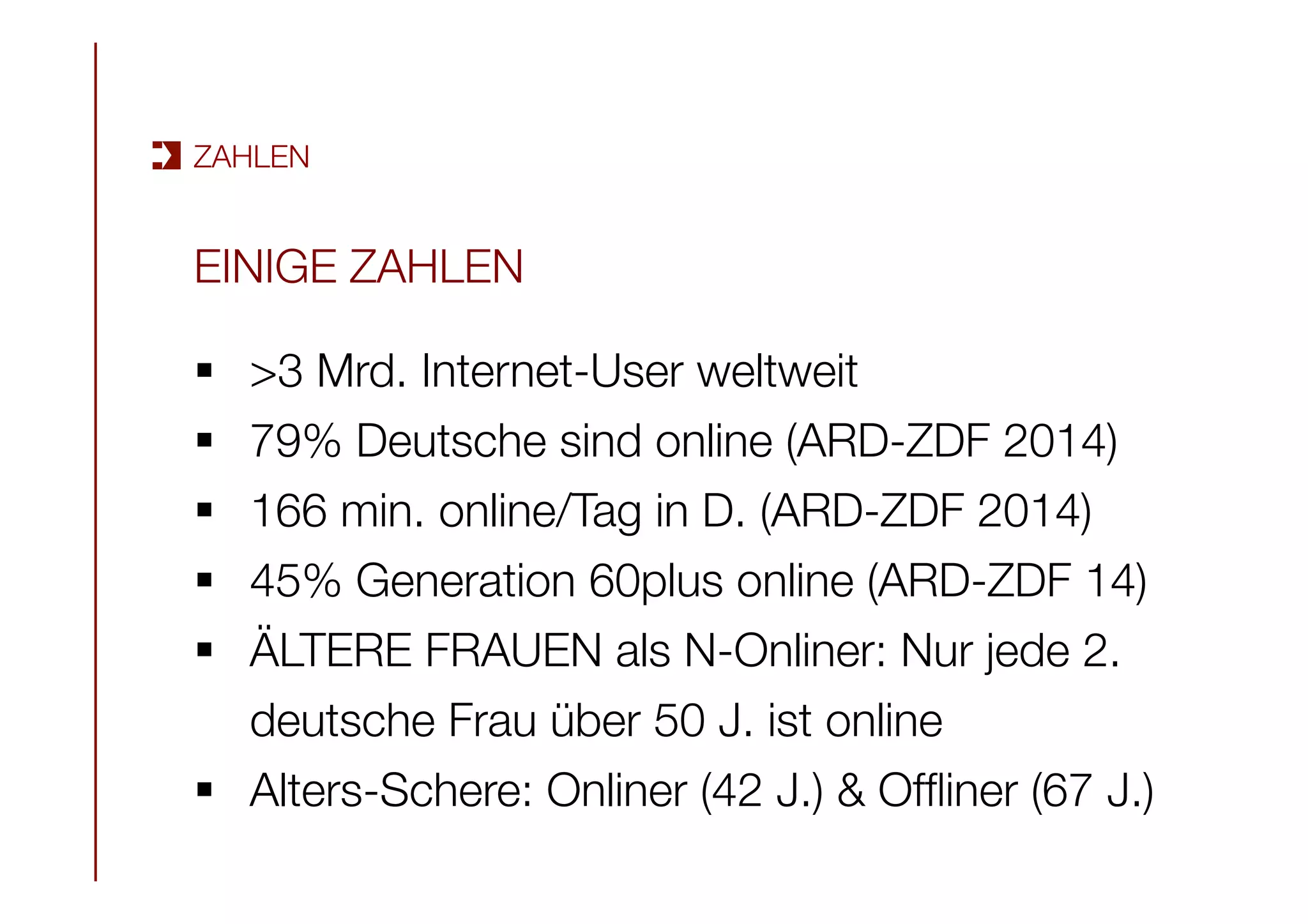 EINIGE ZAHLEN

§  >3 Mrd. Internet-User weltweit
§  79% Deutsche sind online (ARD-ZDF 2014)
§  166 min. online/Tag in D. (ARD-ZDF 2014)
§  45% Generation 60plus online (ARD-ZDF 14)
§  ÄLTERE FRAUEN als N-Onliner: Nur jede 2.
deutsche Frau über 50 J. ist online
§  Alters-Schere: Onliner (42 J.) & Ofﬂiner (67 J.)
ZAHLEN
 