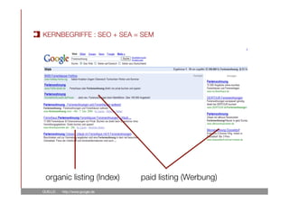 QUELLE: 
 http://www.google.de
organic listing (Index)
 paid listing (Werbung)
KERNBEGRIFFE : SEO + SEA = SEM
 