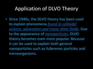 Application of DLVO Theory
• Since 1940s, the DLVO theory has been used
to explain phenomena found in colloidal
science, adsorption and many other fields. Due
to the appearance of nanoparticles, DLVO
theory becomes even more popular. Because
it can be used to explain both general
nanoparticles such as fullerenes particles and
microorganisms.
 