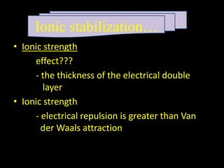 • Ionic strength
effect???
- the thickness of the electrical double
layer
• Ionic strength
- electrical repulsion is greater than Van
der Waals attraction
Ionic stabilization…
 