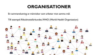 ORGANISATIONER
En sammanslutning av människor som arbetar mot samma mål.
Till exempel: Riksidrottsförbundet,WHO (World Hea...