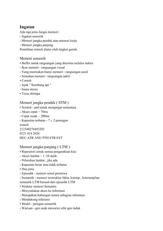 Ingatan
Ada tiga jenis fungsi memori :
- Ingatan sensorik
- Memori jangka pendek atau memori kerja
- Memori jangka panjang
Pemilihan stimuli diatur oleh tingkat gairah.
Memori sensorik
• Buffer untuk rangsangan yang diterima melalui indera
- Ikon memori : rangsangan visual
- Yang menirukan bunyi memori : rangsangan aural
- Sentuhan memori : rangsangan taktil
• Contoh
- Jejak " Kembang api "
- Suara stereo
• Terus ditimpa
Memori jangka pendek ( STM )
• Scratch - pad untuk mengingat sementara
- Akses cepat ~ 70ms
- Cepat rusak ~ 200ms
- Kapasitas terbatas - 7 ± 2 potongan
contoh
212348278493202
0121 414 2626
HEC ATR ANU PTH ETR EET
Memori jangka panjang ( LTM )
• Repositori untuk semua pengetahuan kita
- Akses lambat ~ 1 /10 detik
- Peluruhan lambat , jika ada
- Kapasitas besar atau tidak terbatas
• Dua jenis
- Episodik - memori serial peristiwa
- Semantik - memori terstruktur fakta, konsep , keterampilan
semantik LTM berasal dari episodik LTM
• Struktur memori Semantic
- Menyediakan akses ke informasi
- Merupakan hubungan antara sebagian informasi
- Mendukung inferensi
• Model : jaringan semantik
- Warisan - gen anak mewarisi sifat gen induk
 