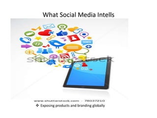What Social Media Intells

                           •




 Exposing products and branding globally
 