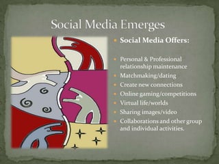  Social Media Offers:

 Personal & Professional
    relationship maintenance
   Matchmaking/dating
   Create new connections
   Online gaming/competitions
   Virtual life/worlds
   Sharing images/video
   Collaborations and other group
    and individual activities.
 