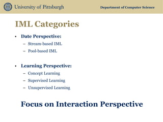 Department of Computer Science 
IML Categories 
•Date Perspective: 
–Stream-based IML 
–Pool-based IML 
•Learning Perspective: 
–Concept Learning 
–Supervised Learning 
–Unsupervised Learning 
Focus on Interaction Perspective  