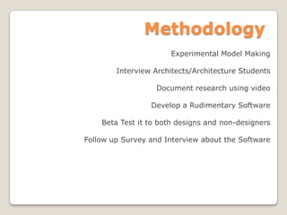 Methodology
Experimental Model Making
Interview Architects/Architecture Students
Document research using video
Develop a Rudimentary Software
Beta Test it to both designs and non-designers
Follow up Survey and Interview about the Software
 