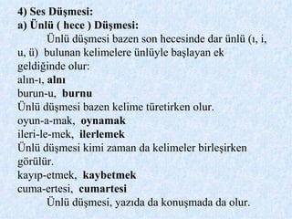 4) Ses Düşmesi: a) Ünlü ( hece ) Düşmesi:   Ünlü düşmesi bazen son hecesinde dar ünlü (ı, i, u, ü)  bulunan kelimelere ünlüyle başlayan ek geldiğinde olur: alın-ı,  alnı   burun-u,  burnu   Ünlü düşmesi bazen kelime türetirken olur. oyun-a-mak,  oynamak   ileri-le-mek,  ilerlemek   Ünlü düşmesi kimi zaman da kelimeler birleşirken görülür. kayıp-etmek,  kaybetmek   cuma-ertesi,  cumartesi Ünlü düşmesi, yazıda da konuşmada da olur. 
