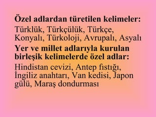 Özel adlardan türetilen kelimeler:   Türklük, Türkçülük, Türkçe, Konyalı, Türkoloji, Avrupalı, Asyalı Yer ve millet adlarıyla kurulan birleşik kelimelerde özel adlar:   Hindistan cevizi, Antep fıstığı, İngiliz anahtarı, Van kedisi, Japon gülü, Maraş dondurması  