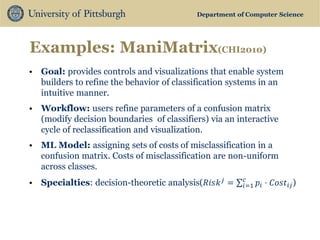 Department of Computer Science 
Examples: ManiMatrix(CHI2010) 
•Goal: provides controls and visualizations that enable system builders to refine the behavior of classification systems in an intuitive manner. 
•Workflow: users refine parameters of a confusion matrix (modify decision boundaries of classifiers) via an interactive cycle of reclassification and visualization. 
•ML Model: assigning sets of costs of misclassification in a confusion matrix. Costs of misclassification are non-uniform across classes. 
•Specialties: decision-theoretic analysis(푅푖푠푘푗= 푝푖⋅퐶표푠푡푖푗 푐푖 =1)  