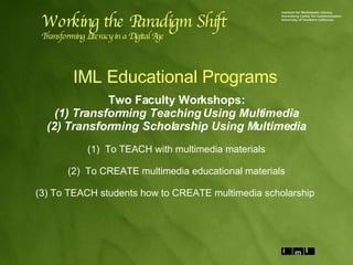IML Educational Programs Two Faculty Workshops: (1) Transforming Teaching Using Multimedia (2) Transforming Scholarship Using Multimedia (1)  To TEACH with multimedia materials (2)  To CREATE multimedia educational materials (3) To TEACH students how to CREATE multimedia scholarship  Working the Paradigm Shift Transforming Literacy in a Digital Age 