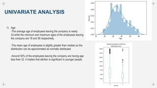 UNIVARIATE ANALYSIS
1) Age:
-The average age of employees leaving the company is nearly
33.while the minimum and maximum ages of the employees leaving
the company are 18 and 58 respectively.
2)
-The mean age of employees is slightly greater than median.so the
distribution can be approximated as normally distributed.
3)
-Around 50% of the employees leaving the company are having age
less than 32. It implies that attrition is significant in younger people.
 