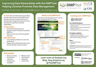 Improving  Data  Stewardship  with  the  DMPTool:    
Helping  Libraries  Promote  Data  Management    
  
Dan  Phipps    &  Carly  Strasser    |    daniel.phipps@ucop.edu    |    carly.strasser@ucop.edu  
In  brief:  We  received  funds  from  the  IMLS  
to  build  resources  around  the  DMPTool  for  
librarians.  We  want  to  equip  librarians  to  
provide  data  management  services  for  their  
institution’s  researchers  and  other  
stakeholders  

What  is  the  DMPTool?  
Free  step-­‐by-­‐step  web  application  for  creating  
data  management  plans  for  funders  
Log  in  with  
institutional  
credentials  

  

Funder  guidance  

Project  Goals:  
• 
• 
• 

Centralize  existing  resources  
Provide  outreach  materials  around  the  
DMPTool  
Build  a  community  of  sharing  ideas  &  
resources  

• 

Long-­‐standing  tradition  of    service  &  
preservation  
Opportunity  to  ﬁll  data  education  void,  
provide  valuable  research  support  

For  plan  creators:  
General  &  
institution-­‐
speciﬁc  resources  

•  Promotional  
materials  
•  Presentation  
templates  

•  Webinar  series  
•  Outreach  kit  
•  Blog  posts  
•  Community  
  

•  Collaborative  plan  creation  
•  Role-­‐based  user  authorization  &  access  
•  Better  plan  templates  &  resources  
  

Plus…  
•  Institutional  branding    
•  Open  API    

Suggested  answers  
&  help  text  

Space  to  answer  questions  

Deliverables  
   •  Resource  Library  

For  administrators:  
•  Better  plan  template  granularity  (discipline,  
funder,  question)  
•  Better  institution  granularity  (department,  
college,  lab  group,  …)  
•  Role-­‐based  user  authorization  &  access  
  

Sample  plans  

Why  librarians?  
• 

Coming  soon:  DMPTool2  

Founding  partners:  DataONE;  Digital  Curation  Centre;  Smithsonian  
Institution;  UC  Curation  Center,  California  Digital  Library;  UCLA  
Library;  UC  San  Diego  Libraries;  University  of  Illinois;  University  of  
Virginia  Libraries    

This  content  is  licensed  
under  CC-­‐BY-­‐3.0  

Learn  more  at  dmptool.org  
Blog:  blog.dmptool.org  
@TheDMPTool  
  

Funding:  

 