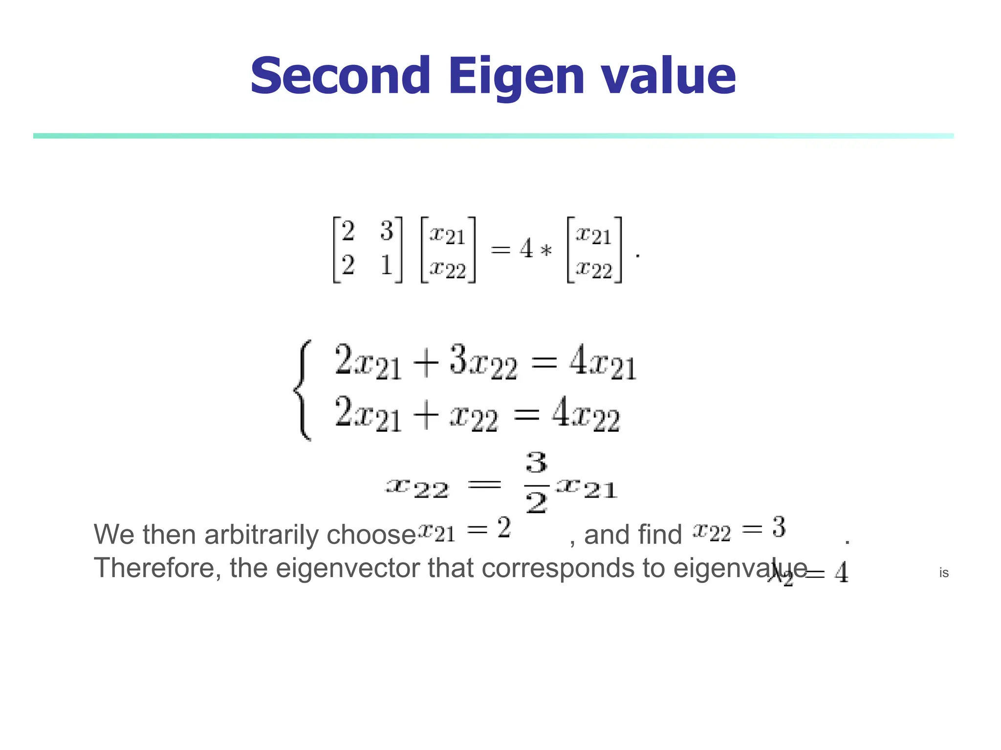 Second Eigen value
We then arbitrarily choose , and find .
Therefore, the eigenvector that corresponds to eigenvalue is
 