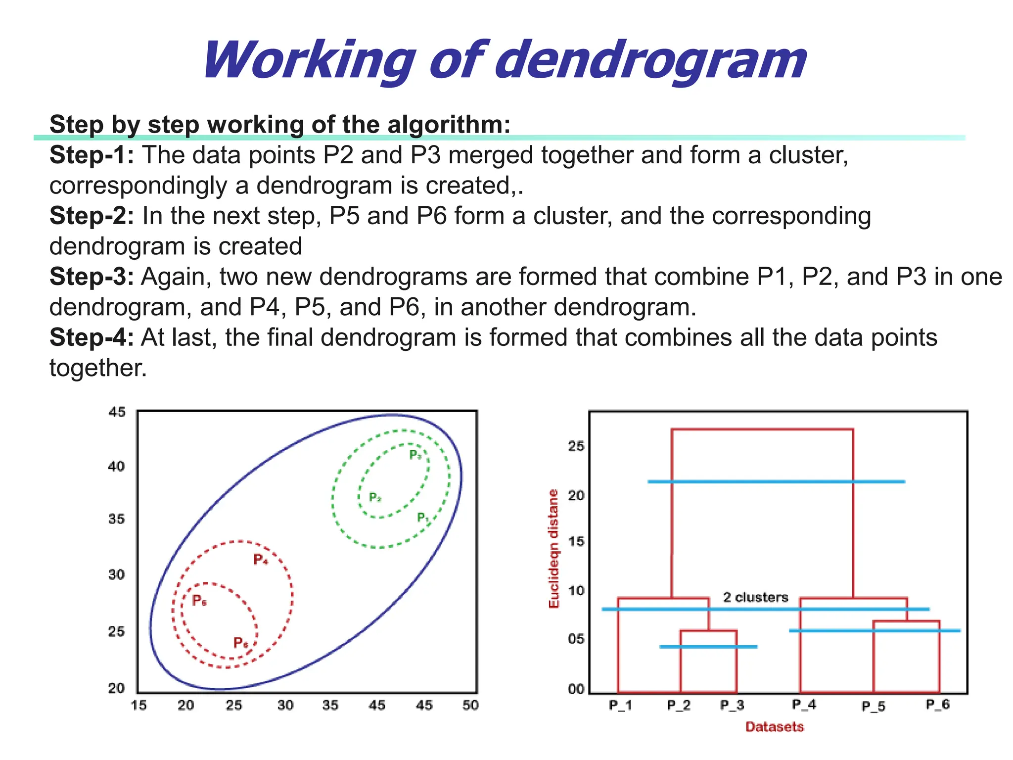 Working of dendrogram
Step by step working of the algorithm:
Step-1: The data points P2 and P3 merged together and form a cluster,
correspondingly a dendrogram is created,.
Step-2: In the next step, P5 and P6 form a cluster, and the corresponding
dendrogram is created
Step-3: Again, two new dendrograms are formed that combine P1, P2, and P3 in one
dendrogram, and P4, P5, and P6, in another dendrogram.
Step-4: At last, the final dendrogram is formed that combines all the data points
together.
 