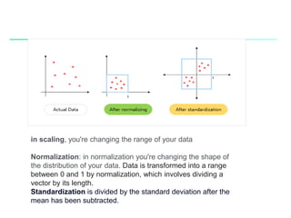 in scaling, you're changing the range of your data
Normalization: in normalization you're changing the shape of
the distribution of your data. Data is transformed into a range
between 0 and 1 by normalization, which involves dividing a
vector by its length.
Standardization is divided by the standard deviation after the
mean has been subtracted.
 