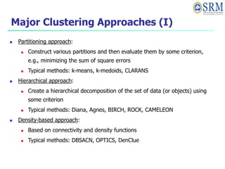 Major Clustering Approaches (I)
 Partitioning approach:
 Construct various partitions and then evaluate them by some criterion,
e.g., minimizing the sum of square errors
 Typical methods: k-means, k-medoids, CLARANS
 Hierarchical approach:
 Create a hierarchical decomposition of the set of data (or objects) using
some criterion
 Typical methods: Diana, Agnes, BIRCH, ROCK, CAMELEON
 Density-based approach:
 Based on connectivity and density functions
 Typical methods: DBSACN, OPTICS, DenClue
 