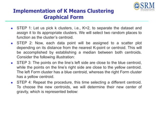 Implementation of K Means Clustering
Graphical Form
 STEP 1: Let us pick k clusters, i.e., K=2, to separate the dataset and
assign it to its appropriate clusters. We will select two random places to
function as the cluster’s centroid.
 STEP 2: Now, each data point will be assigned to a scatter plot
depending on its distance from the nearest K-point or centroid. This will
be accomplished by establishing a median between both centroids.
Consider the following illustration:
 STEP 3: The points on the line’s left side are close to the blue centroid,
while the points on the line’s right side are close to the yellow centroid.
The left Form cluster has a blue centroid, whereas the right Form cluster
has a yellow centroid.
 STEP 4: Repeat the procedure, this time selecting a different centroid.
To choose the new centroids, we will determine their new center of
gravity, which is represented below:
 