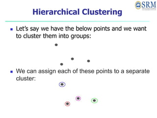 Hierarchical Clustering
 Let’s say we have the below points and we want
to cluster them into groups:
 We can assign each of these points to a separate
cluster:
 