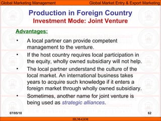 07/05/10 62
Production in Foreign Country
Investment Mode: Joint Venture
IILM-GSM
Global Marketing Management Global Marke...