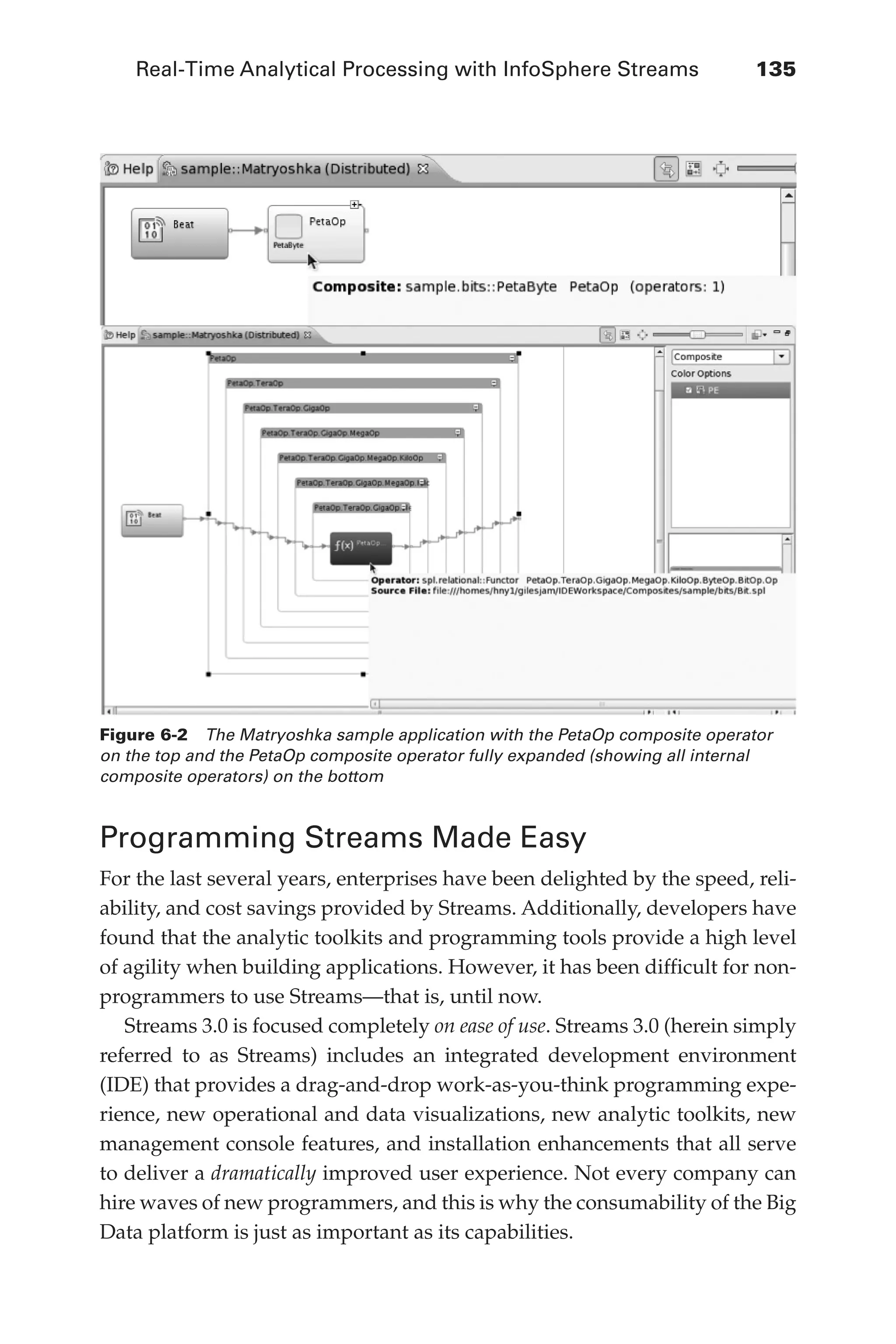 Real-Time Analytical Processing with InfoSphere Streams 	 135
Flash 6X9 / Harness the Power of Big Data:The IBM Big Data Platform / Zikopoulos / 817-5
Programming Streams Made Easy
For the last several years, enterprises have been delighted by the speed, reli-
ability, and cost savings provided by Streams. Additionally, developers have
found that the analytic toolkits and programming tools provide a high level
of agility when building applications. However, it has been difficult for non-
programmers to use Streams—that is, until now.
Streams 3.0 is focused completely on ease of use. Streams 3.0 (herein simply
referred to as Streams) includes an integrated development environment
(IDE) that provides a drag-and-drop work-as-you-think programming expe-
rience, new operational and data visualizations, new analytic toolkits, new
management console features, and installation enhancements that all serve
to deliver a dramatically improved user experience. Not every company can
hire waves of new programmers, and this is why the consumability of the Big
Data platform is just as important as its capabilities.
Figure 6-2  The Matryoshka sample application with the PetaOp composite operator
on the top and the PetaOp composite operator fully expanded (showing all internal
composite operators) on the bottom
06-ch06.indd 135 04/10/12 11:37 AM
 