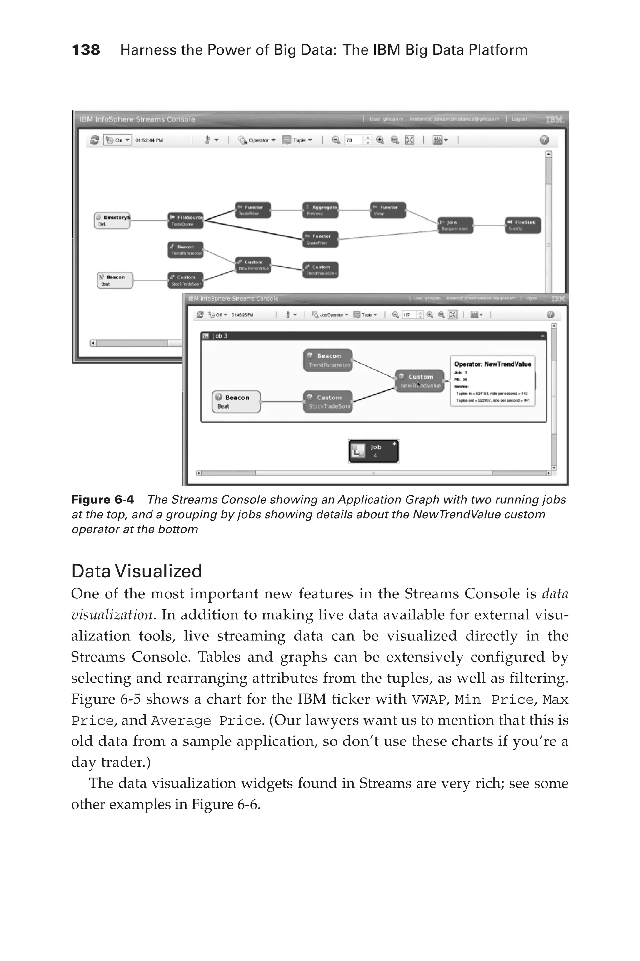 138 	 Harness the Power of Big Data: The IBM Big Data Platform
Flash 6X9 / Harness the Power of Big Data:The IBM Big Data Platform / Zikopoulos / 817-5
Data Visualized
One of the most important new features in the Streams Console is data
visualization. In addition to making live data available for external visu-
alization tools, live streaming data can be visualized directly in the
Streams Console. Tables and graphs can be extensively configured by
selecting and rearranging attributes from the tuples, as well as filtering.
Figure 6-5 shows a chart for the IBM ticker with VWAP, Min Price, Max
Price, and Average Price. (Our lawyers want us to mention that this is
old data from a sample application, so don’t use these charts if you’re a
day trader.)
The data visualization widgets found in Streams are very rich; see some
other examples in Figure 6-6.
Figure 6-4  The Streams Console showing an Application Graph with two running jobs
at the top, and a grouping by jobs showing details about the NewTrendValue custom
operator at the bottom
06-ch06.indd 138 04/10/12 11:37 AM
 