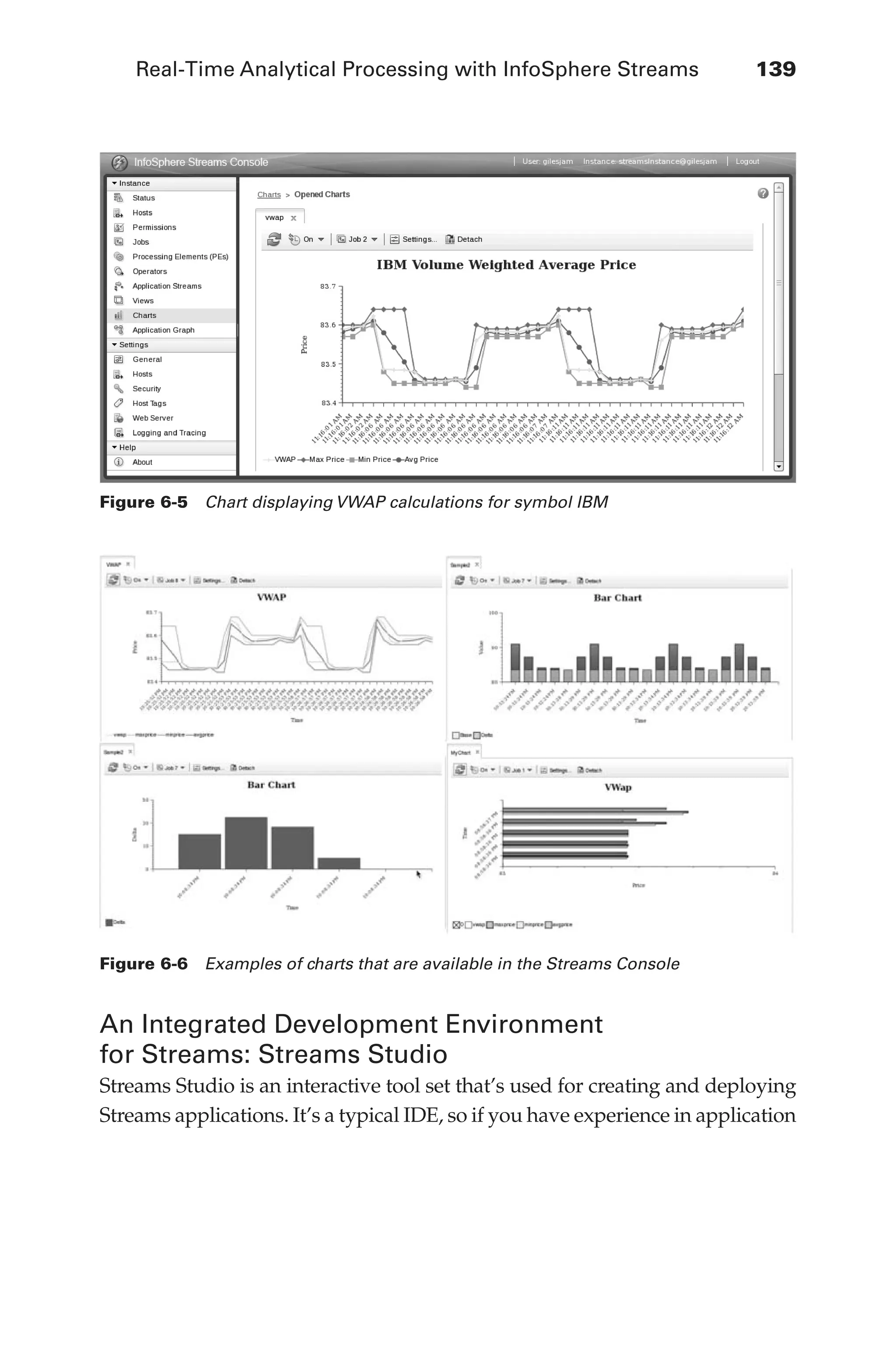 Real-Time Analytical Processing with InfoSphere Streams 	 139
Flash 6X9 / Harness the Power of Big Data:The IBM Big Data Platform / Zikopoulos / 817-5
An Integrated Development Environment
for Streams: Streams Studio
Streams Studio is an interactive tool set that’s used for creating and deploying
Streams applications. It’s a typical IDE, so if you have experience in application
Figure 6-5  Chart displaying VWAP calculations for symbol IBM
Figure 6-6  Examples of charts that are available in the Streams Console
06-ch06.indd 139 04/10/12 11:37 AM
 