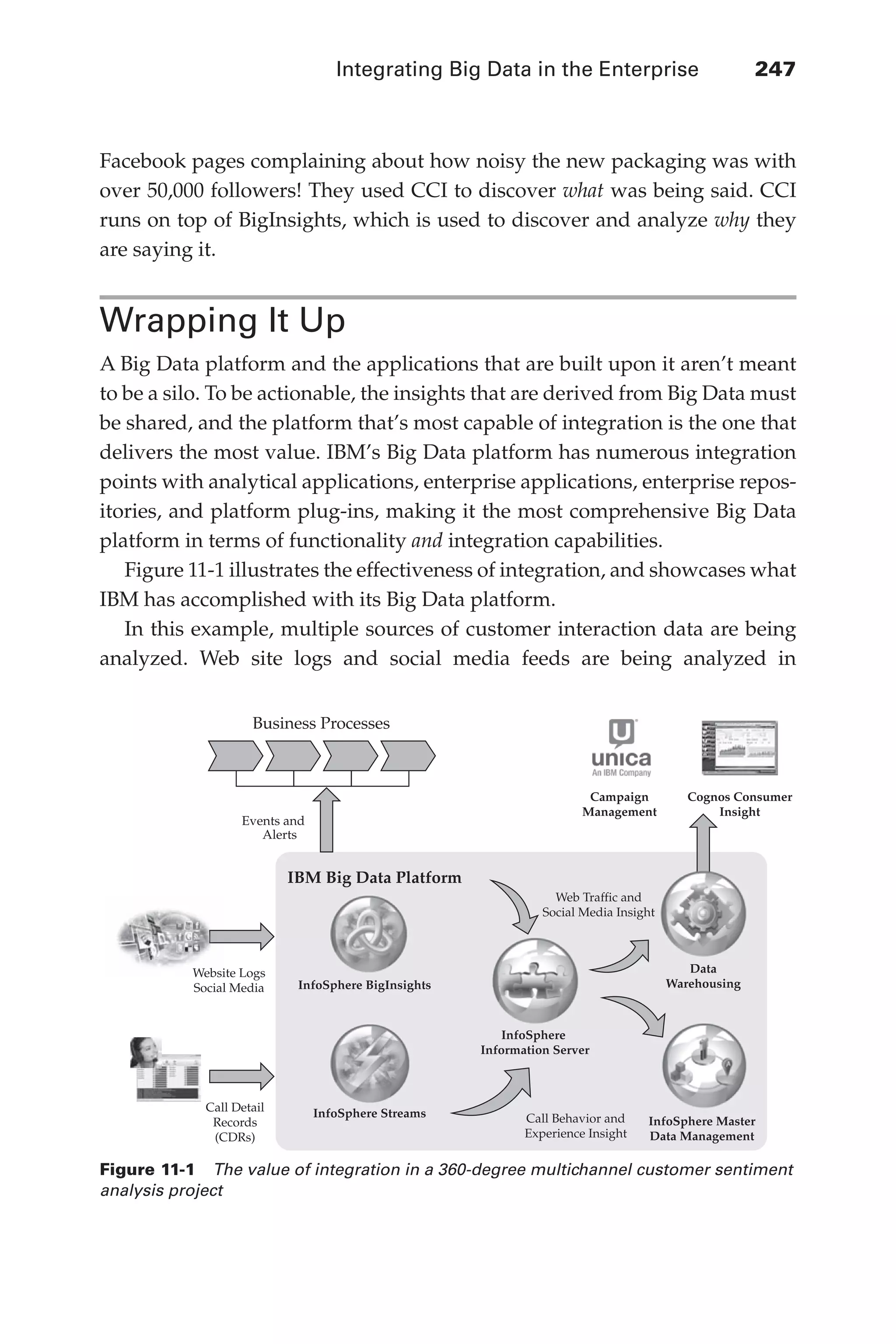 Integrating Big Data in the Enterprise 	 247
Flash 6X9 / Harness the Power of Big Data:The IBM Big Data Platform / Zikopoulos / 817-5
Facebook pages complaining about how noisy the new packaging was with
over 50,000 followers! They used CCI to discover what was being said. CCI
runs on top of BigInsights, which is used to discover and analyze why they
are saying it.
Wrapping It Up
A Big Data platform and the applications that are built upon it aren’t meant
to be a silo. To be actionable, the insights that are derived from Big Data must
be shared, and the platform that’s most capable of integration is the one that
delivers the most value. IBM’s Big Data platform has numerous integration
points with analytical applications, enterprise applications, enterprise repos-
itories, and platform plug-ins, making it the most comprehensive Big Data
platform in terms of functionality and integration capabilities.
Figure 11-1 illustrates the effectiveness of integration, and showcases what
IBM has accomplished with its Big Data platform.
In this example, multiple sources of customer interaction data are being
analyzed. Web site logs and social media feeds are being analyzed in
InfoSphere Master
Data Management
Business Processes
IBM Big Data Platform
Call Detail
Records
(CDRs)
Call Behavior and
Experience Insight
Data
Warehousing
Website Logs
Social Media
InfoSphere Streams
InfoSphere BigInsights
Web Traffic and
Social Media Insight
Events and
Alerts
InfoSphere
Information Server
Cognos Consumer
Insight
Campaign
Management
Websi
Figure 11-1  The value of integration in a 360-degree multichannel customer sentiment
analysis project
11-ch11.indd 247 04/10/12 11:54 AM
 