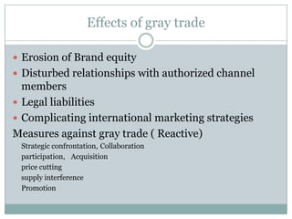 Effects of gray trade

 Erosion of Brand equity
 Disturbed relationships with authorized channel
  members
 Legal liabilities
 Complicating international marketing strategies
Measures against gray trade ( Reactive)
 Strategic confrontation, Collaboration
 participation, Acquisition
 price cutting
 supply interference
 Promotion
 