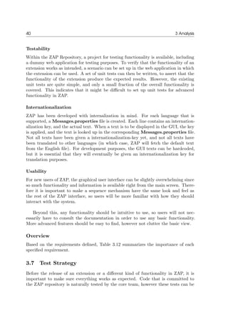 40 3 Analysis
Testability
Within the ZAP Repository, a project for testing functionality is available, including
a dummy web application for testing purposes. To verify that the functionality of an
extension works as intended, a scenario can be set up in the web application in which
the extension can be used. A set of unit tests can then be written, to assert that the
functionality of the extension produce the expected results. However, the existing
unit tests are quite simple, and only a small fraction of the overall functionality is
covered. This indicates that it might be diﬃcult to set up unit tests for advanced
functionality in ZAP.
Internationalization
ZAP has been developed with internalization in mind. For each language that is
supported, a Messages.properties ﬁle is created. Each line contains an internation-
alization key, and the actual text. When a text is to be displayed in the GUI, the key
is applied, and the text is looked up in the corresponding Messages.properties ﬁle.
Not all texts have been given a internationalization-key yet, and not all texts have
been translated to other languages (in which case, ZAP will fetch the default text
from the English ﬁle). For development purposes, the GUI texts can be hardcoded,
but it is essential that they will eventually be given an internationalization key for
translation purposes.
Usability
For new users of ZAP, the graphical user interface can be slightly overwhelming since
so much functionality and information is available right from the main screen. There-
fore it is important to make a sequence mechanism have the same look and feel as
the rest of the ZAP interface, so users will be more familiar with how they should
interact with the system.
Beyond this, any functionality should be intuitive to use, so users will not nec-
essarily have to consult the documentation in order to use any basic functionality.
More advanced features should be easy to ﬁnd, however not clutter the basic view.
Overview
Based on the requirements deﬁned, Table 3.12 summarizes the importance of each
speciﬁed requirement.
3.7 Test Strategy
Before the release of an extension or a diﬀerent kind of functionality in ZAP, it is
important to make sure everything works as expected. Code that is committed to
the ZAP repository is naturally tested by the core team, however these tests can be
 