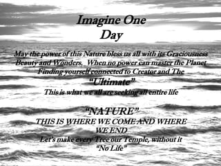 Imagine One
                       Day
May the power of this Nature bless us all with its Graciousness
Beauty and Wonders. When no power can master the Planet
      Finding yourself connected to Creator and The
                        “Ultimate”
         This is what we all are seeking all entire life

                       “NATURE”
      THIS IS WHERE WE COME AND WHERE
                        WE END
       Let's make every Tree our Temple, without it
                        “No Life”
 