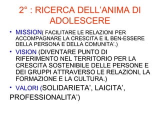 2 : RICERCA DELLANIMA DI ADOLESCERE MISSION ( FACILITARE LE RELAZIONI PER ACCOMPAGNARE LA CRESCITA E IL BEN-ESSERE DELLA PERSONA E DELLA COMUNITA.) VISION  (DIVENTARE PUNTO DI RIFERIMENTO NEL TERRITORIO PER LA CRESCITA SOSTENIBILE DELLE PERSONE E DEI GRUPPI ATTRAVERSO LE RELAZIONI, LA FORMAZIONE E LA CULTURA.) VALORI ( SOLIDARIETA, LAICITA, ʸ鰿󷡳մ) 