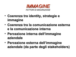 IMMAGINE FATTORI DI MISURAZIONE Coerenza tra identity, strategie e immagine Coerenza tra la comunicazione esterna e la comunicazione interna Percezione interna dellimmagine aziendale Percezione esterna dellimmagine aziendale (da parte degli stakeholders) 