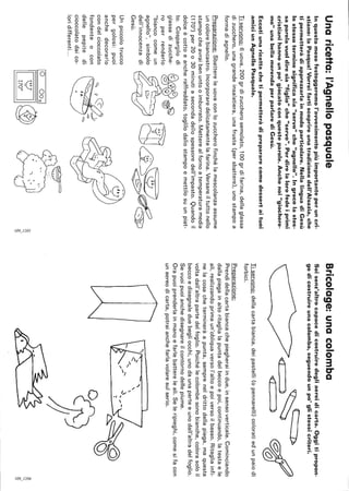 Unaricetta:l'Agnellopasquale
Inquestomesefesteggeremol'avvenimentopiùimportanteperuncri-
stiano:laPasqua!Vorreifartiscoprireunatradizionedell'Alsazia,che
tipermetteràdiapprezzarlainmodoparticolare.NellalinguadiGesù
lostessoterminesignificasia"servo"che"agnello".Ingrecolastes-
saparolavuoidiresia"figlio"che"servo".Perdirelalorofedeiprimi
cristianihannounpo'giocatoconquesteparole.Anchenoi"giochere-
mo"unabellamerendaperparlarediGesù.
Eccotiunaricettachetipermetteràdiprepararecomedessertaituoi
amiciunAgnelloPasquale.
Tiservono:6uova,200grdizuccherosemolato,100grdifarina,dellaglassa
dizucchero,unagrandeinsalatiera,unafrusta(persbattere),unostampoa
formadiagnello.
Preparazione:Sbattereleuovaconlozuccherofinchélamescolanzaassume
uncolorebiancastro.Incorporaredelicatamentelafarina.Versareiltuttonello
stampocheavraibenuntooimburrato.Metterealfornoatemperaturamedia
(170°)per20o30minutiasecondadellospessoredell'impasto.Quandoil
dolceècottoeancheraffreddato,toglilodallostampoemettilosuunpiat-
to.Cospargilodi
glassadizucche-
roperrenderlo
"biancocomeun
agnello",simbolo
dell'innocenzadi
Gesù.
Unpiccolotrucco
pergolosi:puoi
anchedecorarlo
condelcioccolato
fondenteocon
dellepepitedi
cioccolatodaico-
loridifferenti...
~I.,J~W
~W
'<:
~V'v®
~J"",
oOOe
rwR.S2iJ~_t:iJ~~é3J
n51~
~'@
8N
;:,
s::
Bricolage:unacolomba
Seisenz'altrocapacedicostruiredegliaereidicarta.Oggitipropon-
godicostruireunacolomba,seguendounpo'glistessicriteri.
~~~~~
Tiservono:dellacartabianca,deipastelli(opennarelli)coloratiedunpaiodi
forbici.
Preparazione:
Prendidellacartabiancachepiegheraiindue,insensoverticale.Cominciando
dallapiegainaltoritaglialapuntadelbeccoepoi,continuando,latestaele
ali,realizzandoprimaun'obliquaversol'altoepoiversoilbasso.Ritagliainfi-
nelacosachetermineràapunta,sempreneldrittodellapiega,maquesta
voltadall'altrapartedelfoglio.Poichélecolombesonobianche,colorasoloil
beccoedisegnaleduebegliocchi,unodaunaparteeunodall'altradelfoglio.
Sevuoipuoianchedisegnareilcontornodellepiume.
Orapuoiprenderlainmanoefarlebattereleali.Seleripieghi,comesifacon
unaereodicarta,potraianchefarlavolaresulserio.
........
..-....
"'

~-""
-;
oa~~
1?
~~
~
0,'
s::
 