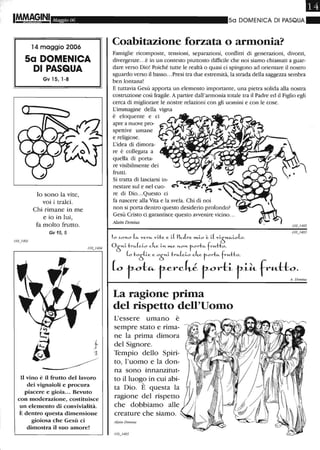 Maggio 06
14 maggio 2006
Sa DOMENICA
DI PASQUA
Gv 15, 1-8
lo sono la vite,
voi i tralci.
Chi rimane in me
e io in lui,
fa molto frutto.
Gv 15,5
Il vino è il frutto del lavoro
dei vignaioli e procura
piacere e gioia... Bevuto
con moderazione, costituisce
un elemento di convivialità.
È dentro questa dimensione
gioiosa che Gesù ci
dimostra il suo amore!
III
5a DOMENICA DI PASQUA"
Coabitazione forzata o armonia?
Famiglie ricomposte, tensioni, separazioni, conflitti di generazioni, divorzi,
divergenze...è in un contesto piuttosto difficile che noi siamo chiamati a guar-
dare verso Dio! Poiché tutte le realtà o quasi ci spingono ad orientare il nostro
sguardo verso il basso...Presi tra due estremità, la strada della saggezza sembra
ben lontana!
E tuttavia Gesù apporta un elemento importante, una pietra solida alla nostra
costruzione così fragile. A partire dall'armonia totale tra il Padre ed il Figlio egli
cerca di migliorare le nostre relazioni con gli uomini e con le cose.
L'immagine della vigna
è eloquente e ci
apre a nuove pro-
spettive umane
e religiose.
L'idea di dimora-
re è collegata a
quella di porta-
re visibilmente dei
frutti.
Si tratta di lasciarsi in-
nestare sul e nel cuo-
re di Dio...Questo ci
fa nascere alla Vita e la svela. Chi di noi
non si porta dentro questo desiderio profondo?
Gesù Cristo ci garantisce questo avvenire vicino...
Alain Donius
lo -'0>1-0 [«- ve,-«- vi:l::e e ~l P«-c(,-e »L~O ~ ~[V~6",-,,-LO[0.
06"'-~ -I:r«-[c-Lo cke ~"- »Le "'-0"- tor-l:«- frH-Ho,
Lo -I:06[~e e 06"'-~ -I:r«-[cLo cke f-or-l:«- f-uHo,
(O f ot"' ferekl forti fi~ fr«-Ho..A Donttts
La ragione prima
del rispetto dell'Uomo
L'essere umano è
sempre stato e rima-
ne la prima dimora
del Signore.
Tempio dello Spiri-
to, l'uomo e la don-
na sono innanzitut-
to il luogo in cui abi-
ta Dio. È questa la
ragione del rispetto
che dobbiamo alle
creature che siamo.
Alain Donius
 