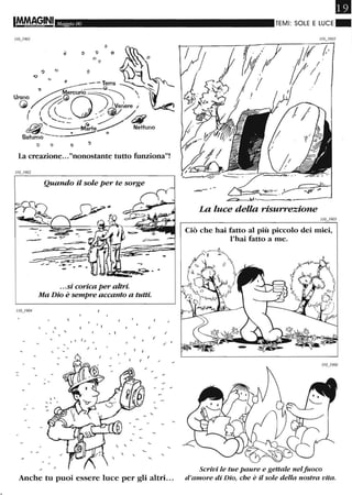 •IMM~2INI Maggio 06 TEMI: SOLE E LUCE"
o o
o
Q
ç 'j {) o o O_-Terra ~,~
'O - Q -........:: :::::-....
Urano /'~~rOcurio~~ ,
~I ( ( { l ) _o:)Jtriere I
( ,"""'::::--=- - -- -:Y// dii?
dli '----M~rte~ NeHuno
9aturn;;---~ o
o o o
La creazione..."nonostante tutto funziona"!
Quando il sole per te sorge
~-
- -
-=-. -.
...si corica per altri.
Ma Dio è sempre accanto a tutti.
, , , I /
" ( / I
I
,
/ (
6
,.
"
~I
L~:::::~ "'41"/" . ~ -?
<="> ,,f.~ ...._-----
La luce della risurrezione
Ciò che hai fatto al più piccolo dei miei,
l'hai fatto a me.
Scrivi le tue paure e gettale nelfuoco
Anche tu puoi essere luce per gli altri... d'amore di Dio, che è il sole della nostra vita.
 