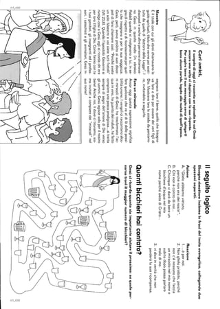 '"'2
~I
Cariamici,
ilvangelodioggiciraccontaunepisodioincuiGesù
ancoraunavoltacistupisceconlasuarisposta.
Percapirebeneilsuomessaggiocercodispiegarti
benealcuneparole,legateallarealtàdiquell'epoca.
Maestro
Èiltitoloconcuigliebreichiamavanole
guidespirituali,titolochevennepoisosti-
tuitodaquellodi"dottoredellaLegge".I
discepolieanchealtrepersonechiamava-
noGesùinquestomodo(inebraico:
Rabbì)quandosirivolgevanoalui,inse-
gnodirispettoediriconoscenzaperquel-
locheinsegnavaeperlasuasaggezza.
Gesù,però,avevaproibitoaisuoidisce-
polidifarsichiamarecosì:"Perchéavete
unsoloMaestroevoisietetuttifratelli"
(Mt23,8).Quandol'apostoloGiovannisi
rivolgecosìaGesùegliciricordachiera
perloroilfigliodiDio.Comefannoconte
ituoigenitori,gliinsegnantiediprofes-
sori,icatechistieglianimatori,Gesùin-
segnavaloroilbene,quellochebisogna-
vafareedireperesseredeiverifiglidi
Dio.Mostravalorolastradadapercorre-
re,invitandoloaseguirlo.
Fareunmiracolo
Ancoroggiquestaespressionesignifica
farequalcosachevaaldilàdellepossi-
bilitàumane.Ivangeliciraccontanoalcu-
nimiracolidiGesù:hatrasformatol'ac-
quainvino,haguaritodeimalati,hafatto
compiereunapescaprodigiosa...sitratta
sempredisegnidell'amorediDioverso
gliuomini.Gesùagiscesoloperilnostro
bene!Anchenoi,lìdovecitroviamo,sia-
moinvitatiacompieredei"miracoli"nel
suonome!
.~~
Ilseguitologico
Bisognarimettereinsiemelefrasideltestoevangelico,collegandodue
spezzoniseparati.
Azione
A."Glieloabbiamovietato,
perchénoneradeinostri".
B.Chinonècontrodinoi...
C.Chiunquevidaràdabereun
bicchiered'acquanelmio
nomeperchésietediCristo...
Reazione
1....èpernoi.
2.Nonglieloproibite,perché
nonc'ènessunochefaccia
unmiracolonelmionomee
subitodopopossaparlare
maledime.
3.vidicoinveritàchenon
perderàlasuaricompensa.
Quantibicchierihaicontato?
Gesùciricordaquantosiaimportanteaiutareilprossimo:suqualeper-
corsotroviilmaggiornumerodibicchieri?
2
'"a
'"~,
:::;
 