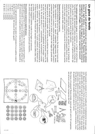 Ungiocodatavolo
Èl'antenatodimoltigiochidipercorsoedècosìvecchiocheesistono
decinediregolediverse,asecondadeiPaesi.Possiamofacilmente
immaginarecheancheGesù,daragazzo,sisiadivertitocosìinsiemeai
suoiamicidelvillaggio...Eccoinnanzituttoipreparativinecessari!
Perrealizzarequestogioco.tiserve:uncartoncino,unfogliodicartabianca
formatoA4oA3,deipennarelliomatitecolorate,uncompasso,leforbici,la
colla.Eperchéilgiocosiacompletodevianchetrovare9gettonidiversi(gli
Inuitgiocanocondeipiccolipezzidilegnocolorato.
Anchetupuoifabbricartene,prendendoperesempio9tappidibottigliedi
plasticadaicoloriedalleformedifferentioanche9sassettidiversi),tiservo-
noanche4pezziuguali(peresempio4moneteda10centesimi,mapuoianche
trovarecosediversedallemonete...).
Passiamoalbricolageveroeproprio:
Riproduciloschemachetroviquisulfogliobianco.Perfarlo,trovailcentrodel
foglio(prendendonelemisure,oppurepiegandololeggermentedalbasso
all'altoedadestraasinistra,oancoratracciandoleduediagonali).Utilizzail
compassopertracciareconlamatitauncerchiodalraggiopiùgrandepossi-
bile,matenendotisemprea2cmdaibordi.
Disegnaquindilediversecaselle,nellaformachepreferisci(ancheinquesto
casopuoiservirtidelcompassoodiunamonetadicuitracceraiicontorni).Ve
nesono4chesonopiùgrandi(comesulquadrantediunorologioinumeri
3,6,9,12).Poidividiancorain4-orizzontalmente,verticalmenteecircolar-
mente-lospaziorestante.Sequestotiaiutapuoiillustraresimbolicamentele
quattro"estremità"cherappresentanoi4punticardinalicon4elementicon
cuiGesùhacompiutodeimiracoli:peresempiol'acquacondelleonde,ilpane,
unocchio,unabocca...
Perdarglimaggiorestabilitàincollailtuofogliosulcartoncino.
Unultimotoccodicoloreasceltaedeccotiprontoperdivertirti...
Orapossiamoscoprireleregoledelgioco:
Questogiocosipuòfarein2,3o4persone.A2ognunoprende4pedine,a3
ognunoneprende3,ea4ognunoneprende2.Loscopoèquellodifareilgiro
delcartoncinoconlepropriepedineediricondurletuttealNord,seguendola
freccia.
Aturnoognigiocatorelanciaisuoipezziefaavanzarelesuepedineasecon-
dadelrisultato(cioèdelnumerodifacceuguali):
O.:••:••:.=1casella
OO.:••:.=2caselle
OOO.:.=3caselle
OOOO=4caselle
.:••:••:••:.=5caselle
Inoltrequandoèavanzatodi4o5casellepuòimmediatamentetornareagio-
care.Quandounapedinasifermasuunpuntocardinale(cioèsuunacasella
piùgrandedellealtre)prendelastradapiùbreveversoilNord,senzadover
tornaresuipropripassi.Seunapedinasifermapropriosuunapedinadello
stessocolore,andrannoavantiinsieme,comedueamiciinseparabili,finoalla
finedelgioco.Infineseunapedinasifermasuunapedinaavversaria,riman-
daquest'ultimaallacasellainizialeegiocadinuovo.
Oratoccaategiocare!Buonastrada,cacciaglispiriticattivi(dicompetizio-
ne)edavraiunabellaricompensaallafine!
--
OO@OOI
OOO
OOO
@OOOOO{~
OOO
00O00
O@O
--
©@@@
©©@@
©©©@
©©©©
@@@@....
'2
",'
 