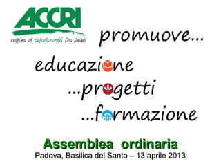 Assemblea ordinariaAssemblea ordinaria
Padova, Basilica del Santo – 13 aprile 2013Padova, Basilica del Santo – 13 aprile 2013
promuove...
...formazione
...progetti
 