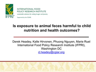 1
Is exposure to animal feces harmful to child
nutrition and health outcomes?
Derek Headey, Kalle Hirvonen, Phuong Nguyen, Marie Ruel
International Food Policy Research Institute (IFPRI),
Washington DC
d.headey@cgiar.org
 