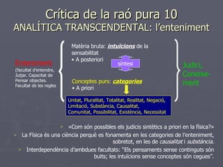 Crítica de la raó pura 10 ANALÍTICA TRANSCENDENTAL: l’enteniment Matèria bruta:  intuïcions  de la sensabilitat A posteriori  Enteniment (facultat d’entendre, Jutjar. Capacitat de Pensar objectes. Facultat de les regles Conceptes purs:  categories A priori Judici, Coneixe- ment síntesi «Com són possibles els judicis sintètics a priori en la física?» La Física és una ciència perquè es fonamenta en les categories de l’enteniment, sobretot, en les de  causalitat  i  substància . Interdependència d’ambdues facultats: “Els pensaments sense continguts són buits; les intuïcions sense conceptes són cegues”. Unitat, Pluralitat, Totalitat, Realitat, Negació, Limitació, Substància, Causalitat, Comunitat, Possibilitat, Existència, Necessitat   