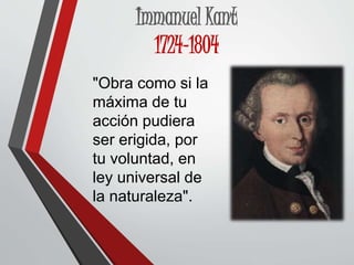 Immanuel Kant
1724-1804
"Obra como si la
máxima de tu
acción pudiera
ser erigida, por
tu voluntad, en
ley universal de
la naturaleza".
 