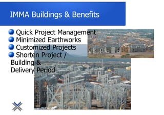 IMMA Buildings & Benefits
Quick Project Management
Minimized Earthworks
Customized Projects
Shorten Project /
Building &
Delivery Period
 