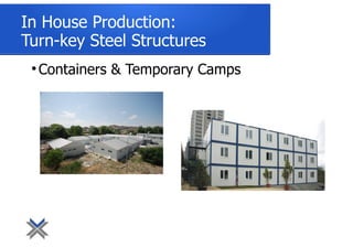 
Containers & Temporary Camps
In House Production:
Turn-key Steel Structures
 