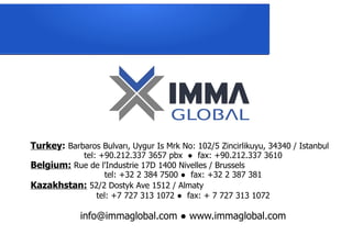 Turkey: Barbaros Bulvarı, Uygur Is Mrk No: 102/5 Zincirlikuyu, 34340 / Istanbul
tel: +90.212.337 3657 pbx ● fax: +90.212.337 3610
Belgium: Rue de l'Industrie 17D 1400 Nivelles / Brussels
tel: +32 2 384 7500 ● fax: +32 2 387 381
Kazakhstan: 52/2 Dostyk Ave 1512 / Almaty
tel: +7 727 313 1072 ● fax: + 7 727 313 1072
info@immaglobal.com ● www.immaglobal.com
 