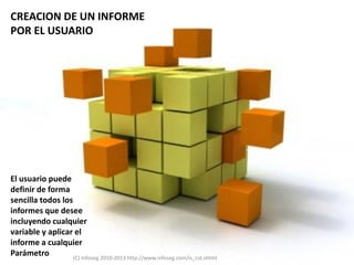 CREACION DE UN INFORME
POR EL USUARIO




El usuario puede
definir de forma
sencilla todos los
informes que desee
incluyendo cualquier
variable y aplicar el
informe a cualquier
Parámetro          (C) Infoseg 2010-2013 http://www.infoseg.com/is_cst.shtml
 