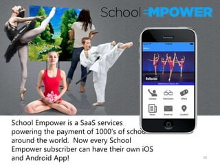 10
School Empower is a SaaS services
powering the payment of 1000’s of school
around the world. Now every School
Empower subscriber can have their own iOS
and Android App!