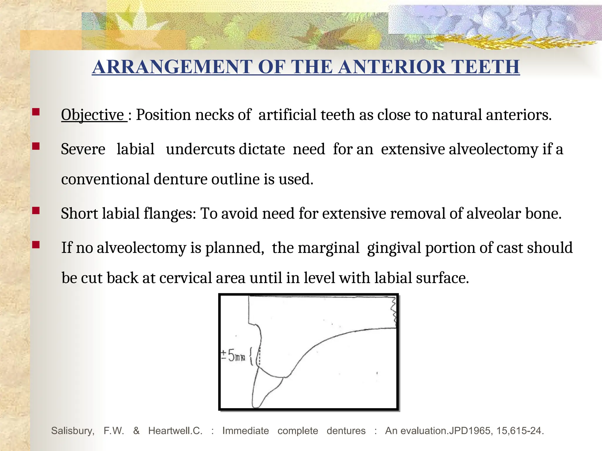 ARRANGEMENT OF THE ANTERIOR TEETH
 Objective : Position necks of artificial teeth as close to natural anteriors.
 Severe labial undercuts dictate need for an extensive alveolectomy if a
conventional denture outline is used.
 Short labial flanges: To avoid need for extensive removal of alveolar bone.
 If no alveolectomy is planned, the marginal gingival portion of cast should
be cut back at cervical area until in level with labial surface.
Salisbury, F.W. & Heartwell.C. : Immediate complete dentures : An evaluation.JPD1965, 15,615-24.
 