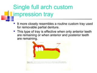 Single full arch custom
impression tray
 It more closely resembles a routine custom tray used
for removable partial denture.
 This type of tray is effective when only anterior teeth
are remaining or when anterior and posterior teeth
are remaining.
 
